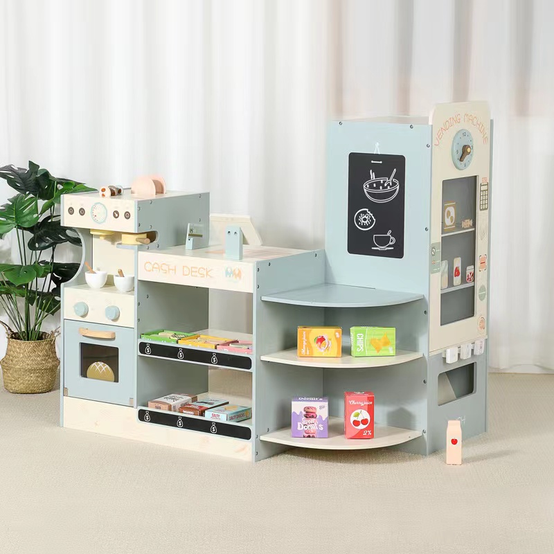 Kids Toys In Store - Kinder-Holz-Supermarkt-Spielset mit Kasse und Kaffeeautomat