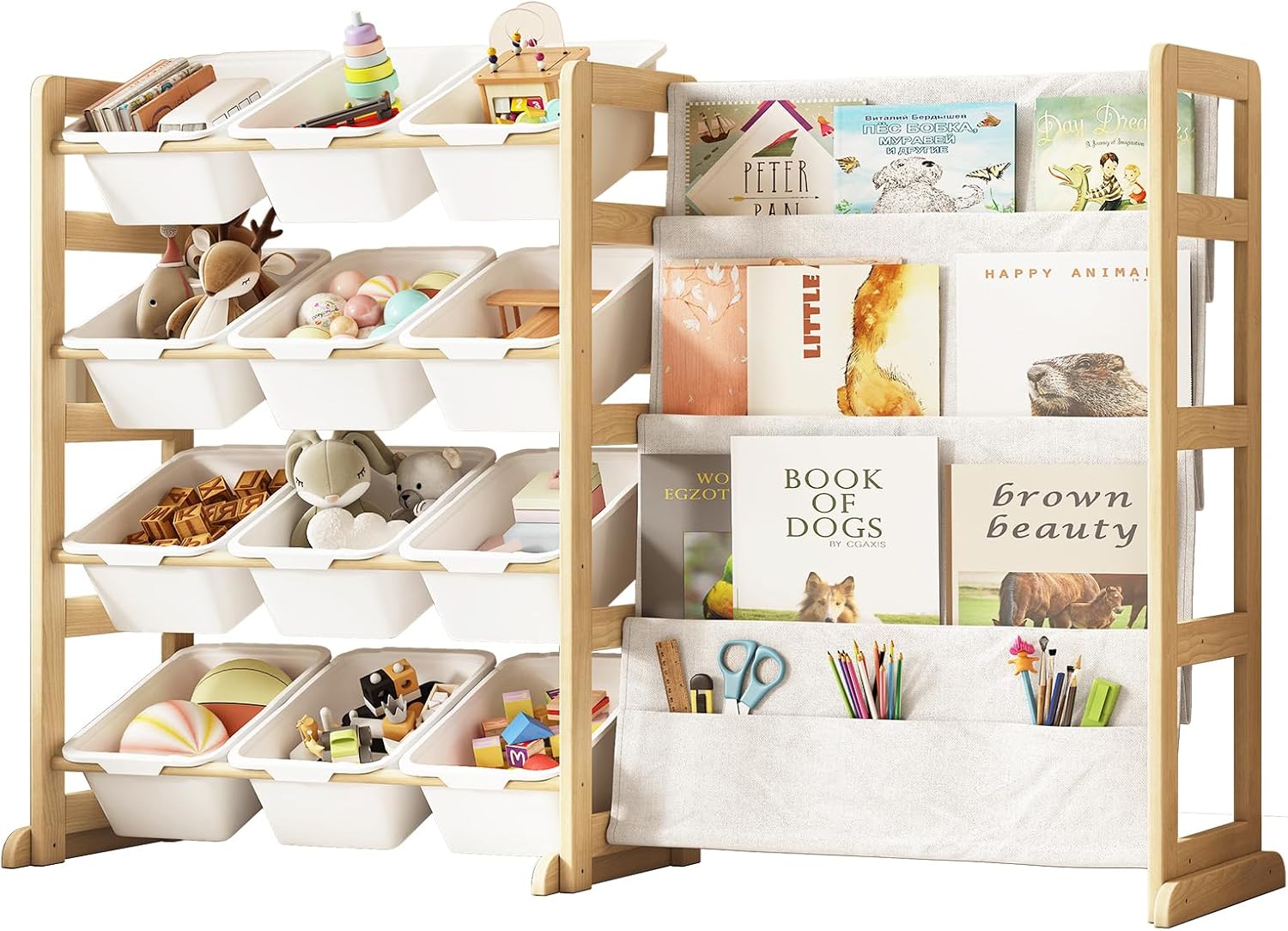 Kids Toys In Store - Kinder-Spielzeug-Aufbewahrungsregal aus massivem Kiefernholz mit Bücherregal